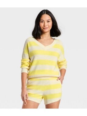 JoyLab Striped V-Neck Loose Fit Sweater (Yellow/Cream - Extra Large)